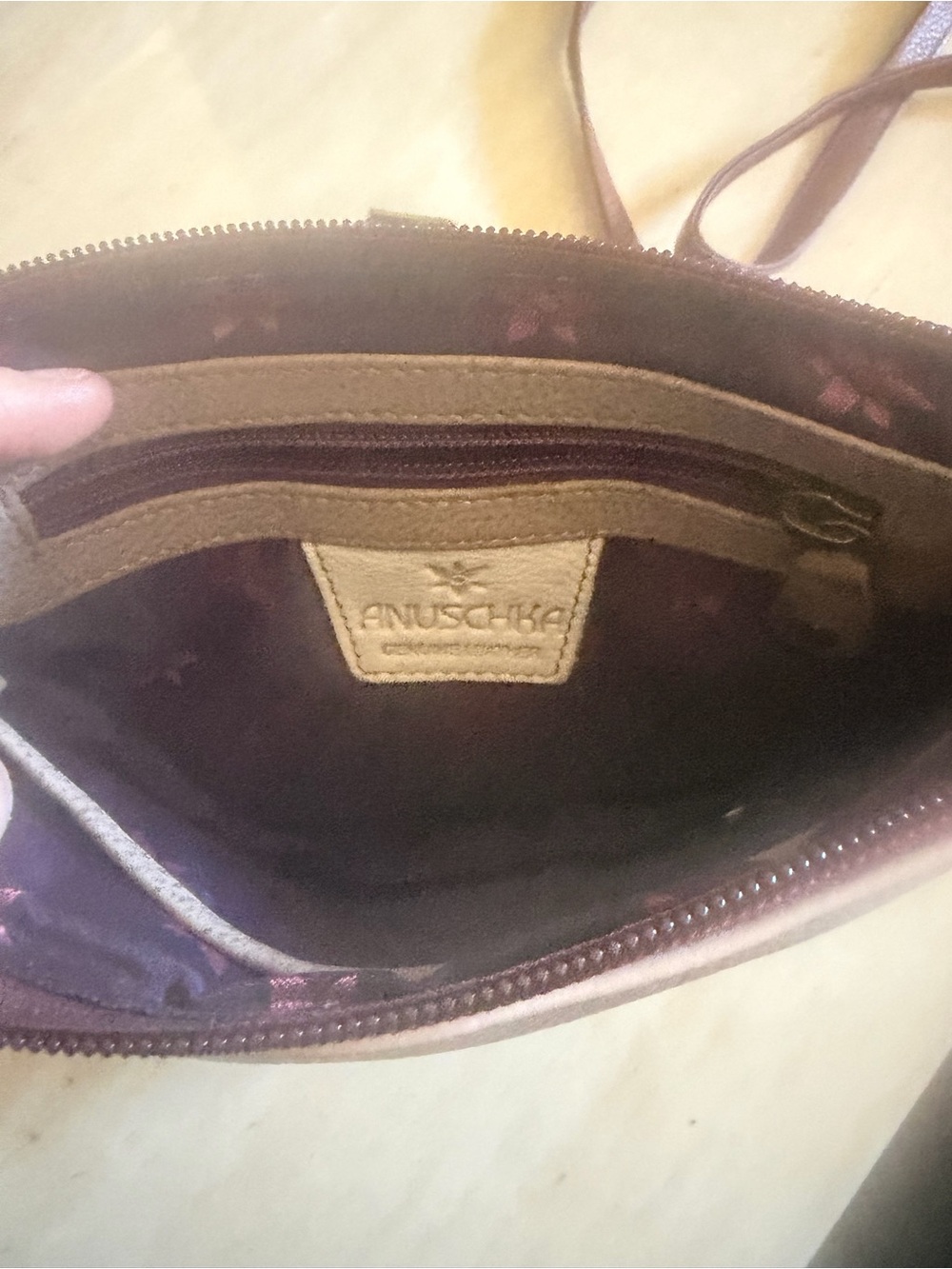 Anuschka Hand-Painted Floral Crossbody in Burgundy, Pink and Cream - Picture 6 of 9